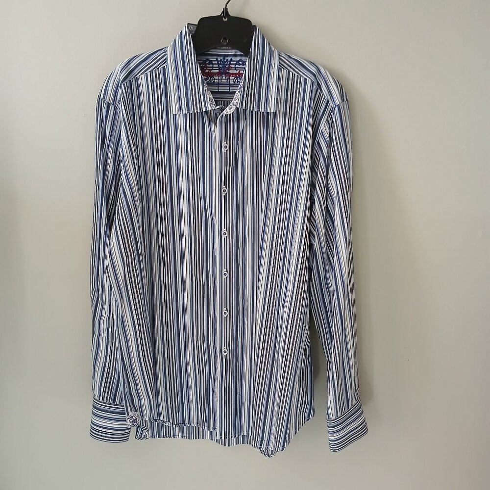 Robert Graham Shirt Mens XL Blue Striped Classic Fit Button Down Roll Up Sleeve‎